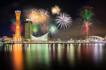 Kobe port with fireworks at night in japan - obrazy, fototapety, plakaty