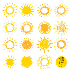 Funny doodle suns. Hand drawn vector set.