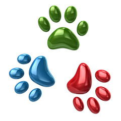 3d illustration of three colorful animal paws isolated on white