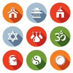 Vector Set of Religion Icons. Catholic, Buddhism, Islam, Judaism, Christianity, Hinduism, Idolatry, Taoism, Paganism.