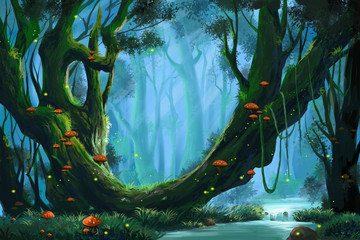 La forêt vierge. Illustration numérique CG du jeu vidéo, illustration conceptuelle, arrière-plan réaliste de style dessin animé