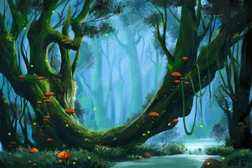 Deurstickers Kinderen Het maagdelijke bos. Digitaal CG-kunstwerk van videogame, conceptillustratie, realistische achtergrond in cartoonstijl
