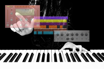 music technology. hands composing or editing sound in space