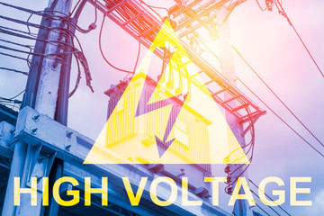 High Voltage Warning Sign with Electric Transformer background.