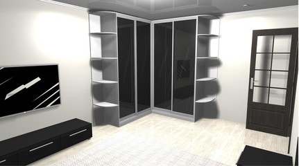 3D rendering interior design  corner wardrobe with black sliding doors - 119500935