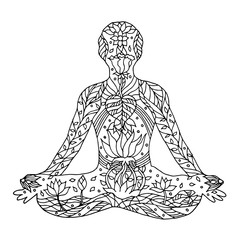 Lotus Pose with mudra hands, yoga posture, hand drawn vector