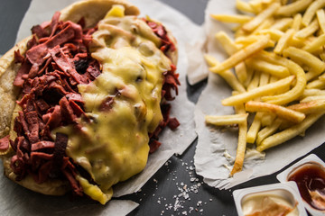 Kumru Sandwich with sausage, ham, cheddar and potatoes, (Fast food concept)