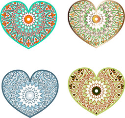 Drawing of a set of a four hearts with floral ethnic round ornament on a white background