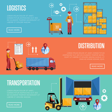 Logistics process services banners set of distribution, transportation and delivery isolated vector illustration. Exterior warehouse, porters and shelves with goods.