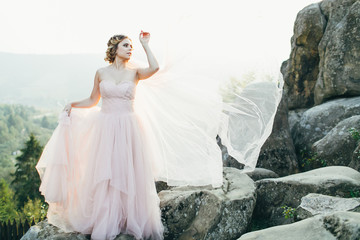 Delighted bride on the rock, fluttering veil on the wind