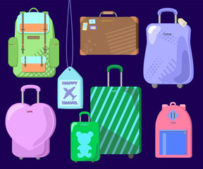 Travel luggage set on blue background. Isolated voyager's bags