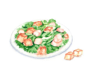 Hand drawn watercolor illustration of fresh tasty Caesar Salad on the plate with romaine lettuce, chicken, Parmesan cheese and croutons. Isolated on the white background