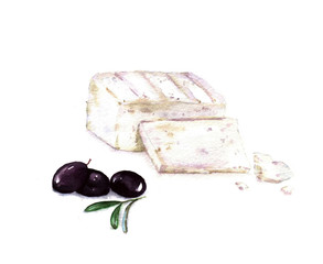 Hand drawn watercolor illustration of Feta cheese sliced with black olives isolated on the white background - 119503161