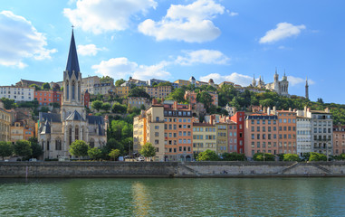 Fototapeta na wymiar Saint Georges church at the Saone river in colorful Vieux Lyon, Lyon.