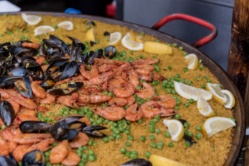 Seafood Paella sold at Borough Market in London, UK