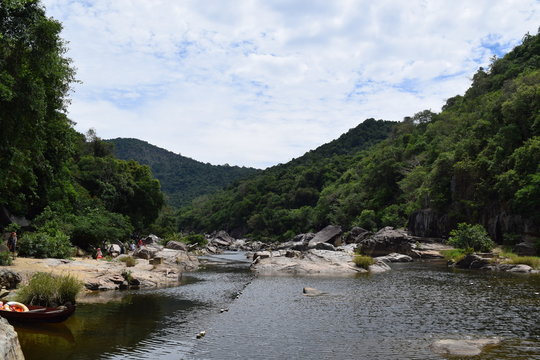 fresh Ham Ho stream with rock reflect on water surface in Binh Dinh, vietnam