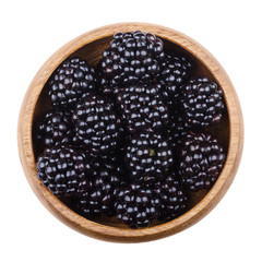 Blackberries in a wooden bowl on white background. Black edible ripe fruit of Rubus fruticosus. A popular fruit, used for desserts and jams. Isolated macro photo close up from above.