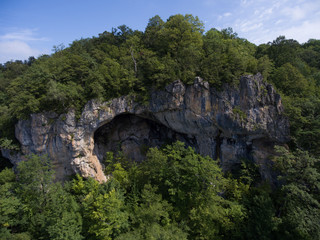 The cave entrance on the side of a mountain covered with forest.