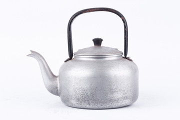 old vintage retro Kettle on white background drink isolated (side view) . Which, kettle made of aluminum materials.
