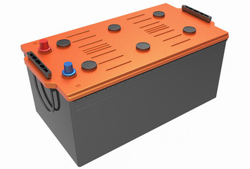 3D black truck battery with handles on white with orange cover and red and blue terminals