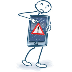 Strichmännchen mit Smartphone und Fehlermeldung