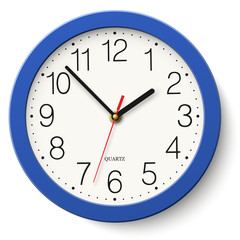 Wall clock in classic round blue body isolated