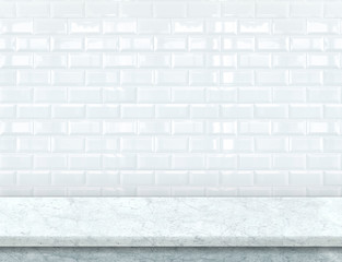 Empty white marble table top with glossy ceramic white tile wall