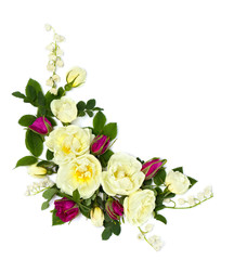 White and red roses (Burnet double white, shrub rose) and lily of the valley on a white background with space for text. Flat lay