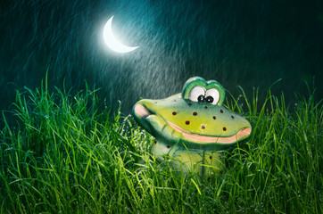 Knuffiger Frosch Deko Figur grübelnd bei Mondschein im Regen Wetterfrosch