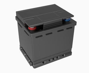 3D black car battery with handles on white with red and blue terminals and black cover