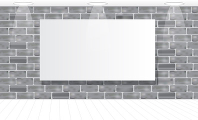 Frame on a gray brick wall for your advertisement. Illuminated. Mokap. Vector