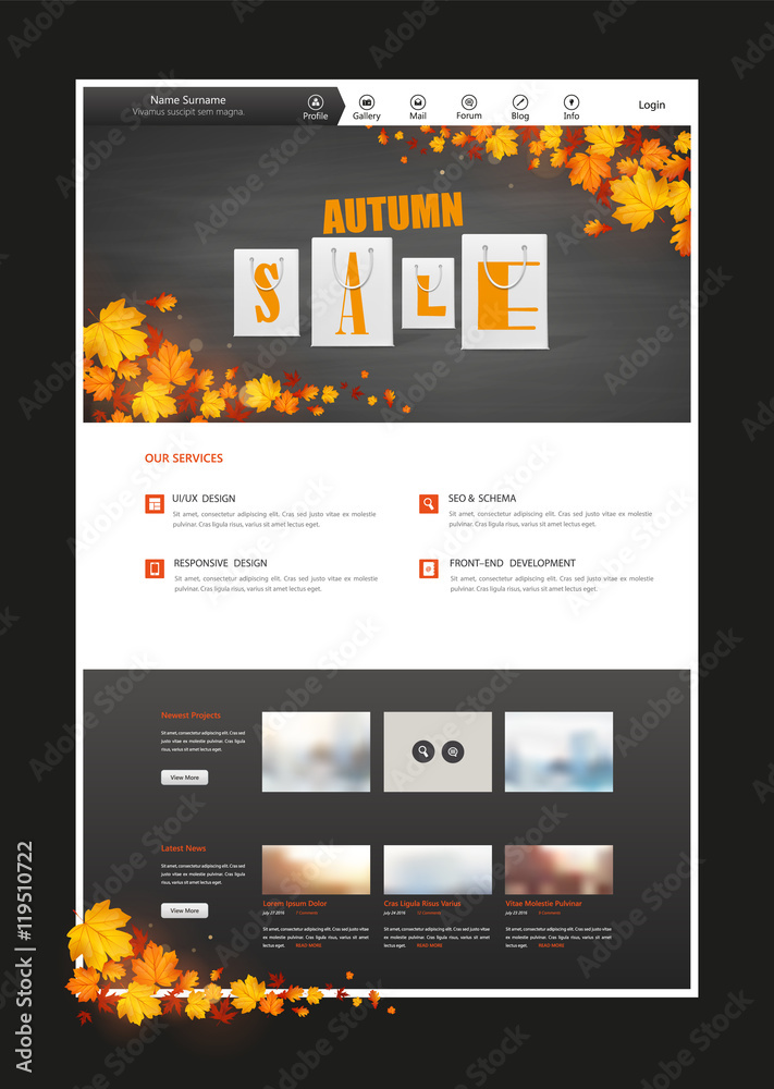 Canvas Prints one page website design template in autumn theme, autumn leaves on blackboard header design with sho