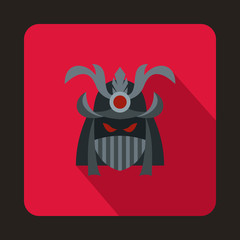 Japanese samurai mask icon in flat style on a crimson background