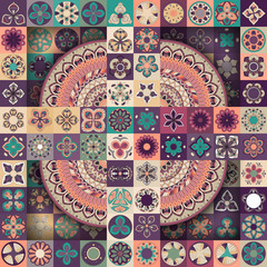 Colorful vintage seamless pattern with floral and mandala elements.Hand drawn background. Can be used for fabric, wallpaper, tile, wrapping, covers and carpet. Islam, Arabic, Indian, ottoman motifs. - 119511336