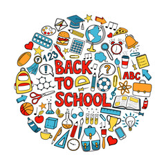 Back to School - sketch doodle set. Various hand-drawn school items arranged as circle on a white background. Vector illustration