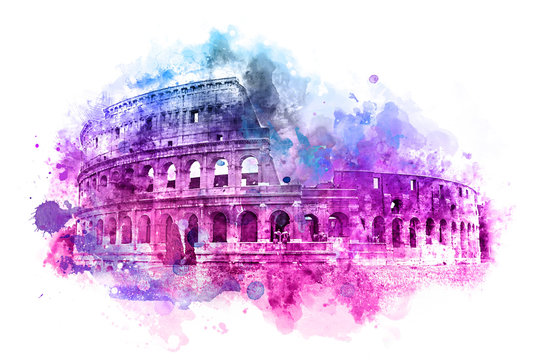 Colorful watercolor painting of the Colosseum