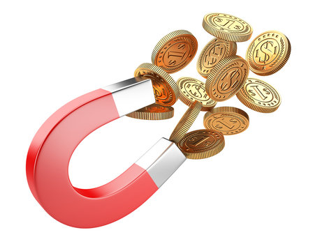 Money Horseshoe Magnet Attracting Gold Dollar Coins.