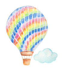 hot air balloon and cloud on white. hand drawn illustration