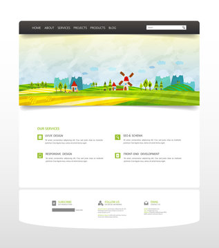 Website Template, with colorful cartoon header illustration. Vector Layout.

