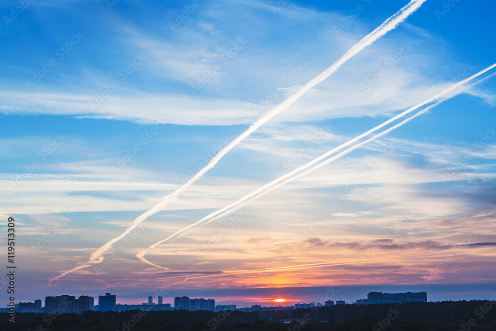 Poster early blue dawn over city in summer