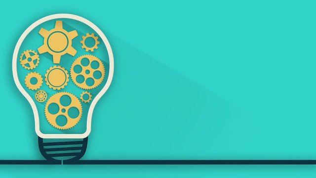 idea concept. Animated rotation gears into light bulb on blue background. 4K video.