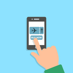 Air ticket vector concept illustration. Person buys a plane ticket. The hand presses on the phone
