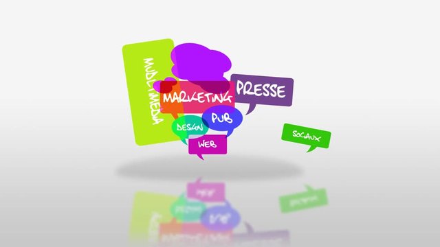 Marketing publicit&eacute; RP relations presse communication multim&eacute;dia buzz r&eacute;seaux sociaux marque bulles de couleur discussion cloud animation