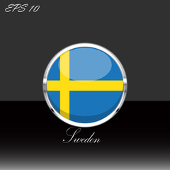 Sweden flag isolated on black background. Swedish flag button in silver chrome ring. Sweden sport competition participant. Web button, language sign, print graphic element Clip art illustration icon