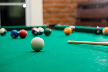 Billiard table with balls. Close-up. Narrow depth of field