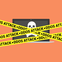 DDoS concept. Modern computer with skull and crossbones and DDoS tape isolated on background