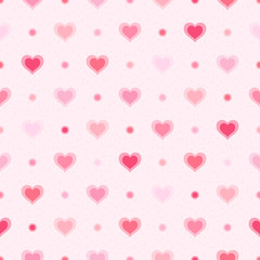 Pink retro seamless pattern. Hearts and dots on textured background
