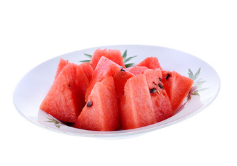 Watermelon slices in plate on white background
