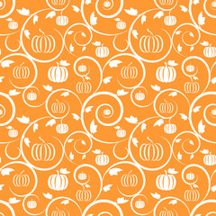 Orange seamless pattern with pumpkin, leaves and swirls