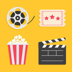 Fototapeta na wymiar Movie reel Open clapper board Popcorn Ticket Cinema icon set. Flat design style. Yellow background.
